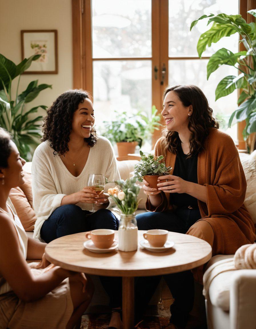 A warm, intimate setting featuring a diverse group of happy women engaged in joyful activities, such as laughing, sharing stories, and celebrating. Soft, natural lighting creates a cozy atmosphere, while elements like comfy seating, plants, and personal mementos add to the charm. Each woman should radiate confidence and positivity, embodying the essence of sisterhood and authenticity. intricate details, storytelling composition. warm tones.